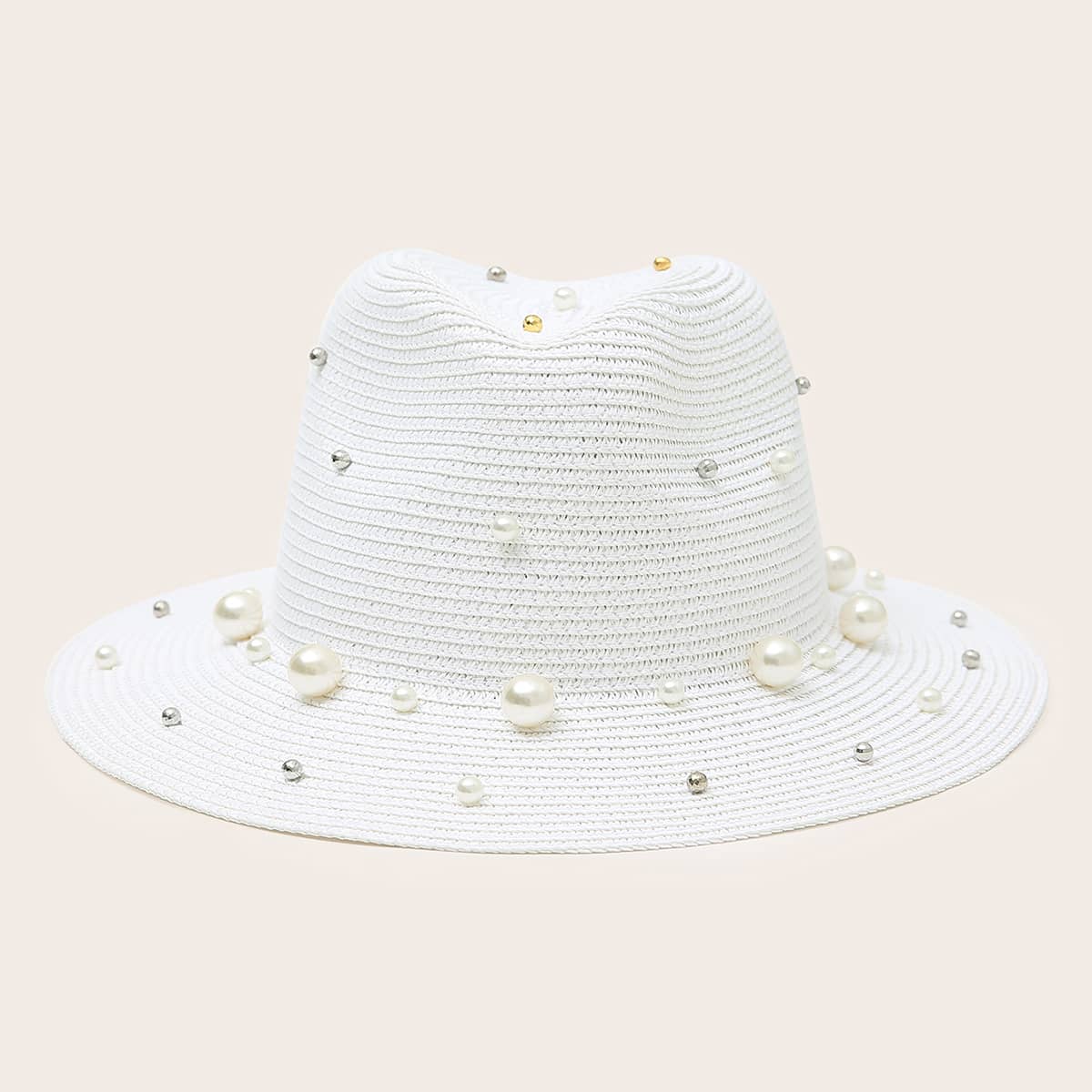 

Faux Pearl Decor Straw Hat, White