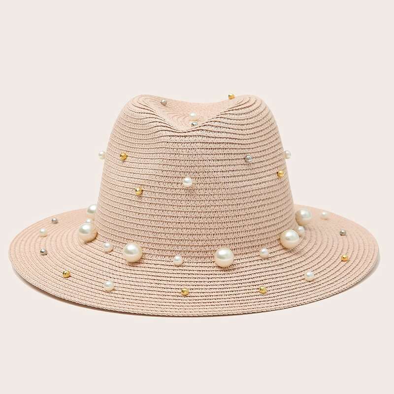 

Faux Pearl Decor Straw Hat, Dusty pink