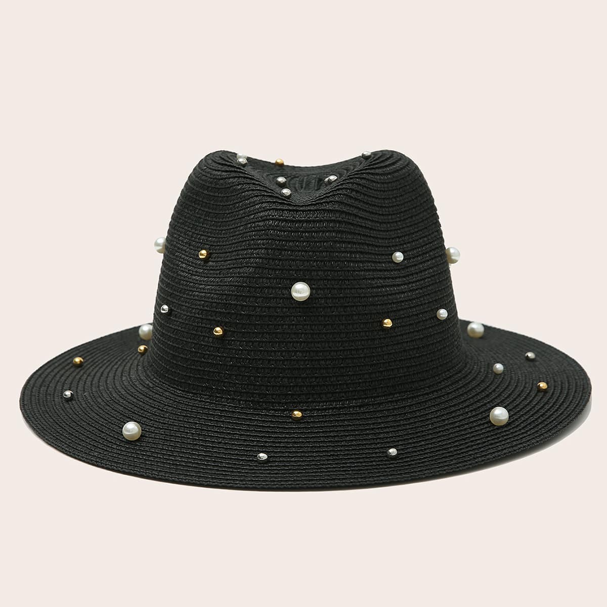 

Faux Pearl Decor Straw Hat, Black