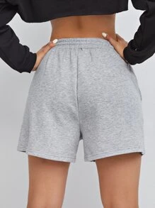 SHEIN EZwear 腰部抽繩素色運動短褲 - 淺灰色 - 查看 2