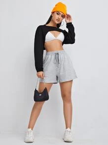 SHEIN EZwear 腰部抽繩素色運動短褲 - 淺灰色 - 查看 3