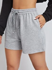 SHEIN EZwear 腰部抽繩素色運動短褲 - 淺灰色 - 查看 4