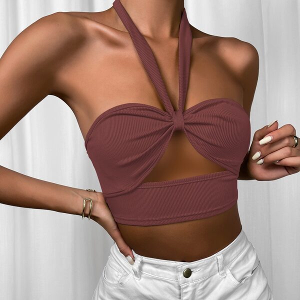 

Ruched Cut-out Halter Rib-knit Crop Top, Redwood
