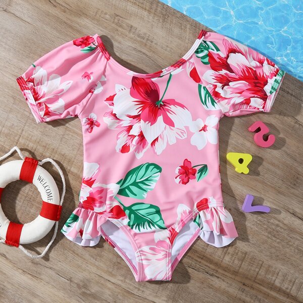 

Toddler Girls Floral Short Sleeve One Piece Swimsuit, Multicolor