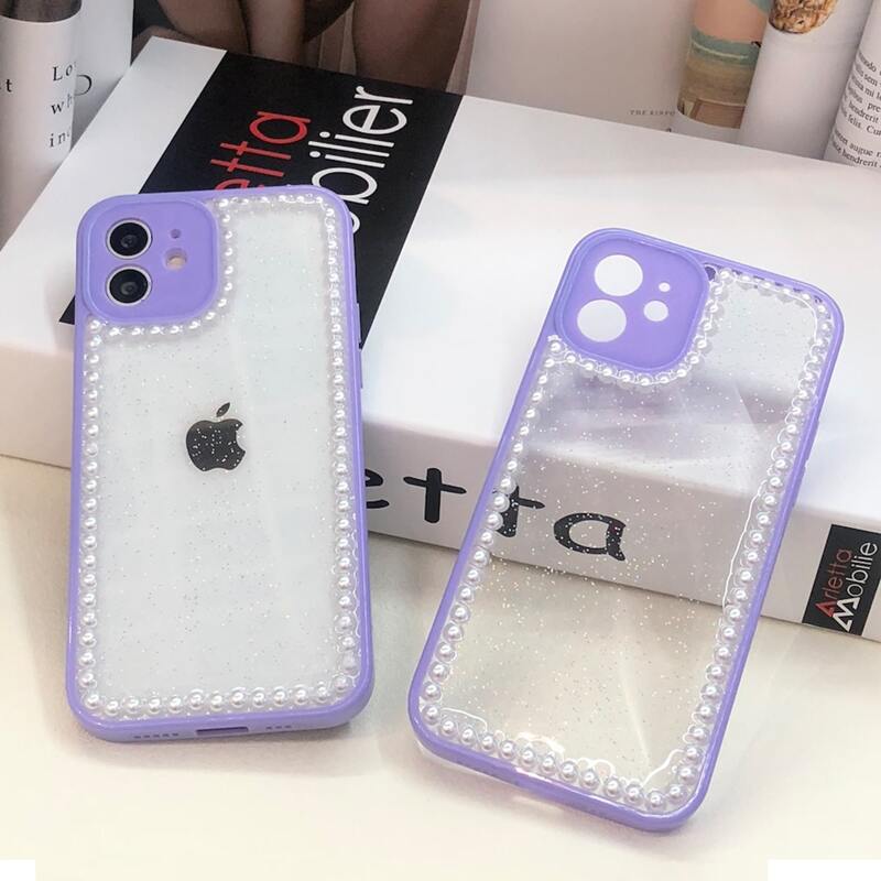 

1pc Clear Faux Pearl Decor Phone Case, Purple