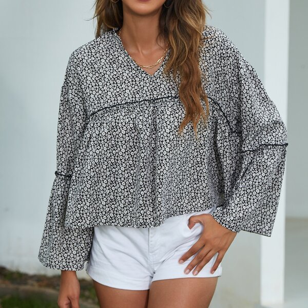 

Ditsy Floral Frill Trim Blouse, Black