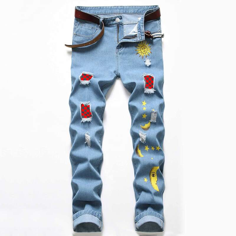 

Guys Sun & Plaid Print Ripped Jeans, Light wash