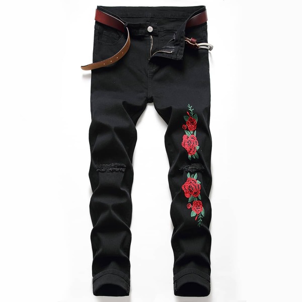 

Guys Floral Embroidery Ripped Jeans, Black
