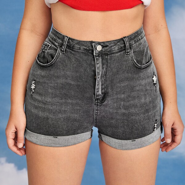 

Plus Stone Wash Ripped Roll Hem Denim Shorts, Black