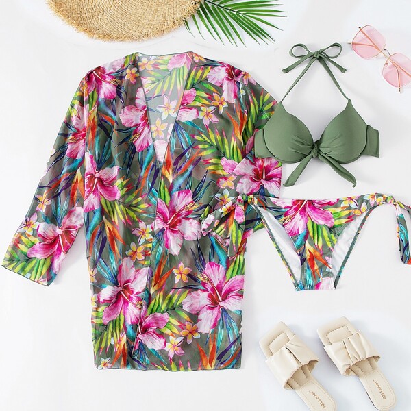 

3pack Floral Push Up Bikini Swimsuit & Kimono, Multicolor