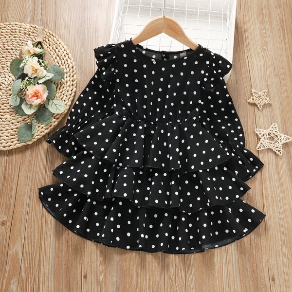 

Toddler Girls Polka Dot Flounce Sleeve Layered Dress, Black