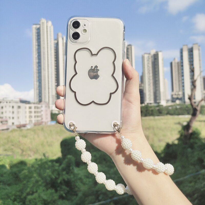 

Cartoon Graphic Phone Case With Beaded Hand Strap, Clear
