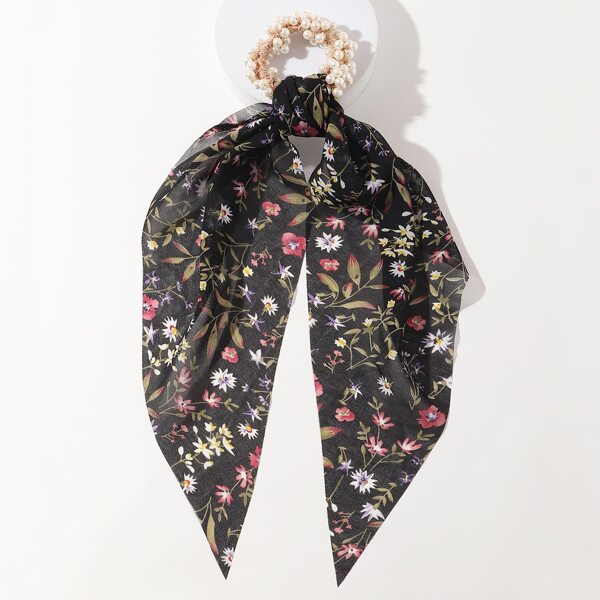 

Floral Print Scarf Hair Tie, Black