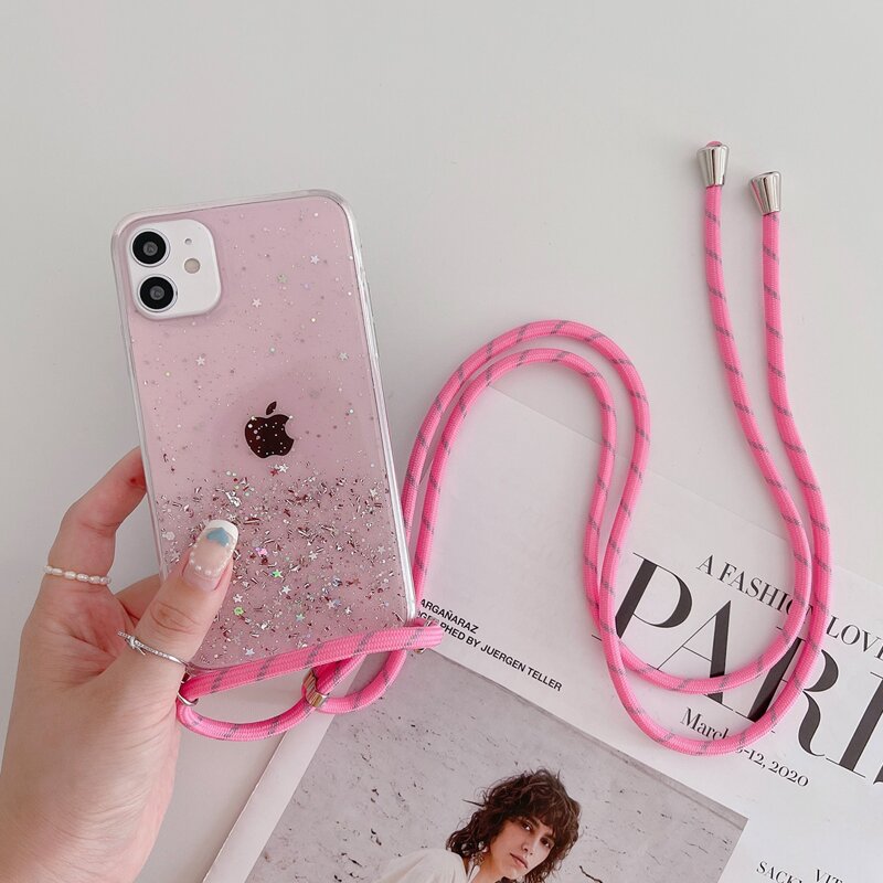 

Clear Glitter Phone Case With Lanyard, Pink