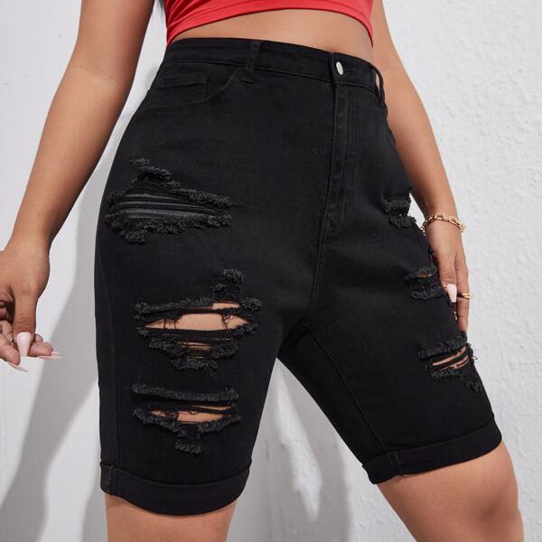 

Plus Distressed Ripped Denim Shorts, Black