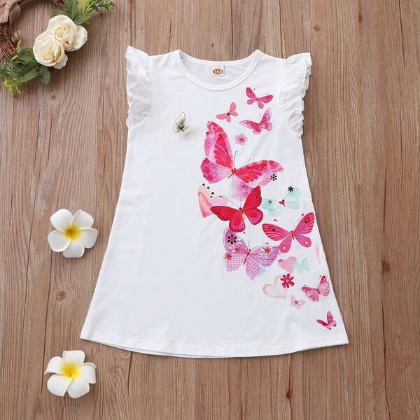 

Toddler Girls Butterfly Print Ruffle Armhole Tee Dress, White
