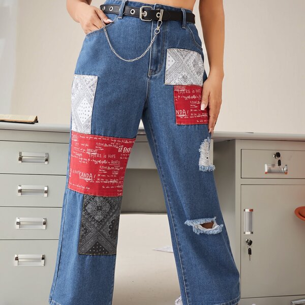 

Plus Patched Ripped Wide Leg Jeans Without Belt & Chain, Medium wash