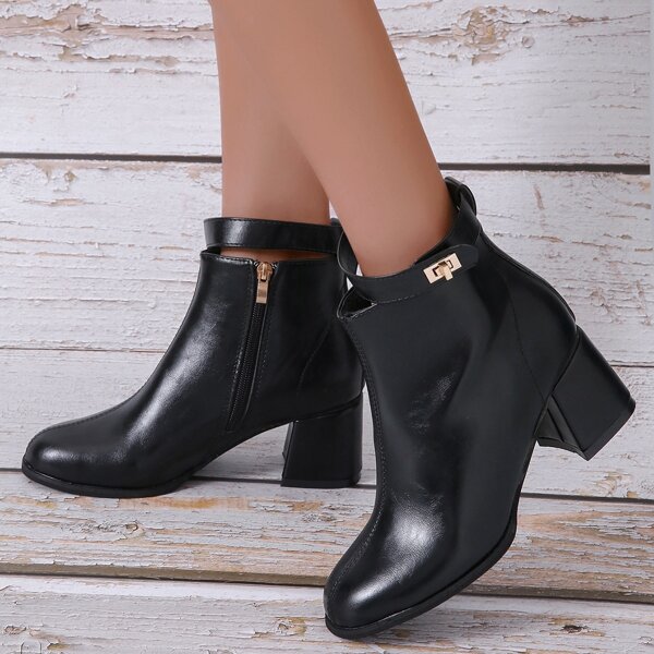 

Minimalist Side Zipper Chunky Heeled Boots, Black