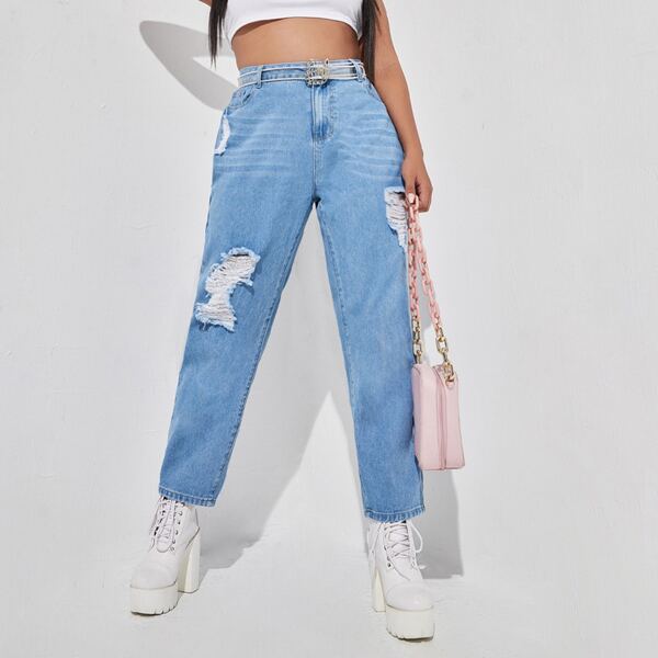 

Рваные джинсы-мом размера плюс с высокой талией, Легко-синий