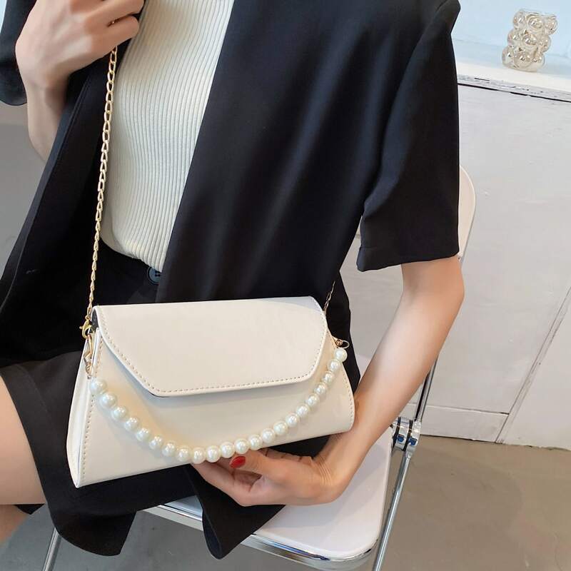 

Faux Pearl Handle Flap Satchel Bag, Beige
