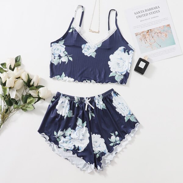

Floral Print Contrast Lace Bow Front PJ Set, Navy blue