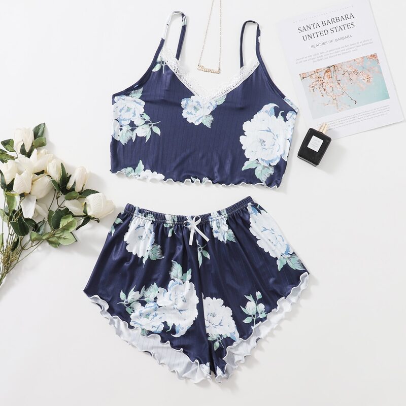 

Floral Print Contrast Lace Bow Front PJ Set, Navy blue