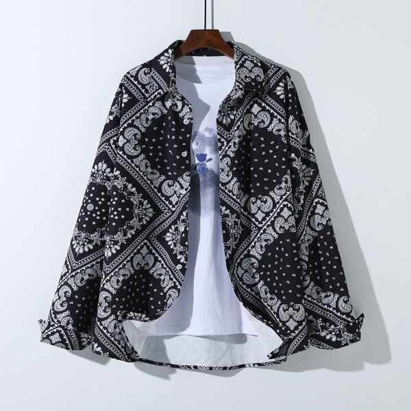 

Men 1pc Scarf Print Shirt, Black