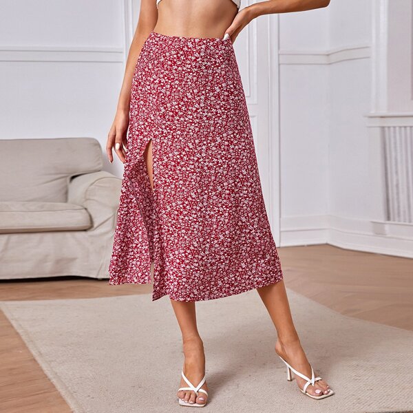 

Ditsy Floral Split Thigh Skirt, Red