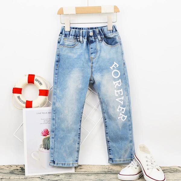 

Toddler Boys Letter Graphic Elastic Waist Jeans, Light wash