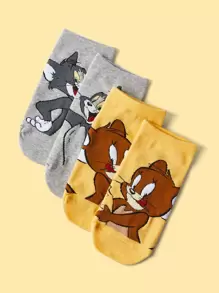 TOM & JERRY X SHEIN 2雙SHEIN X TOM & JERRY 動物圖案襪子 - 彩色 - 查看 1