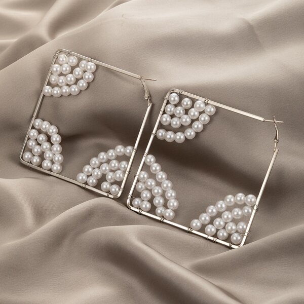 

Faux Pearl Decor Geometric Hoop Earrings, Silver