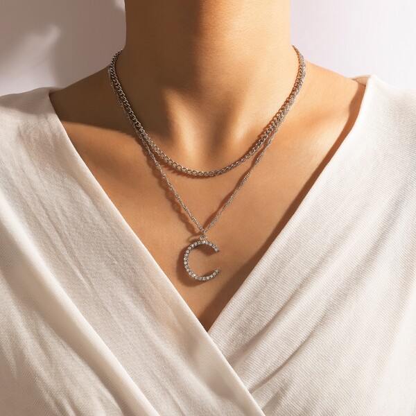 

Rhinestone Letter Charm Layered Necklace, Silver