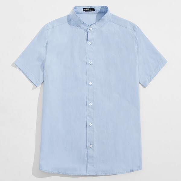 

Men Solid Button Front Shirt, Baby blue