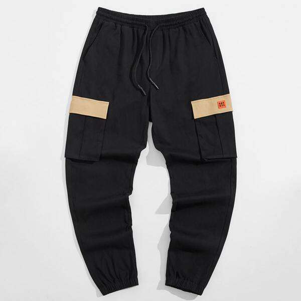 

Men Patched Detail Flap Pocket Pants, Khaki