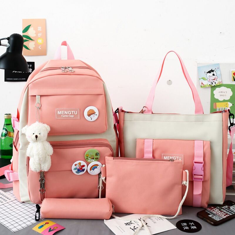 

4pcs Two Tone Backpack Set, Pink