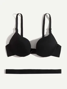 Plain Underwire Bra With 1pc Strap - Black - View 6