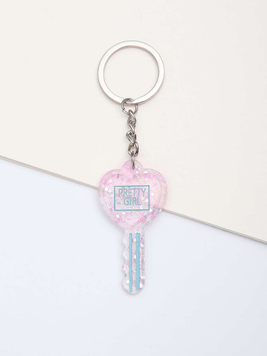 Heart Key Charm Keychain - Pink - View 1