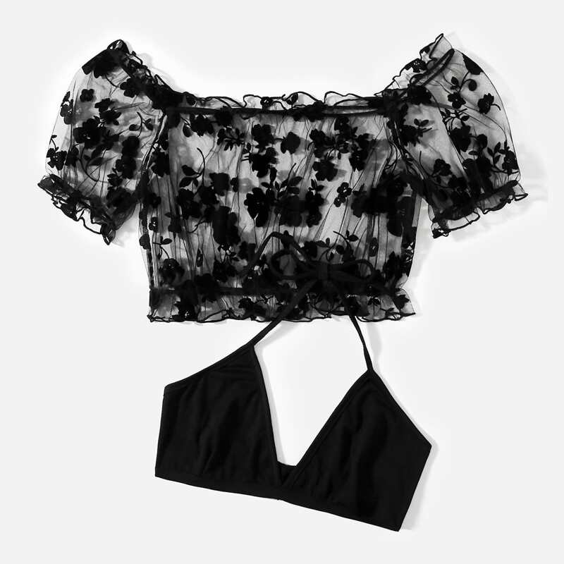 

Floral Mesh Crop Top & Solid Halter Top, Black
