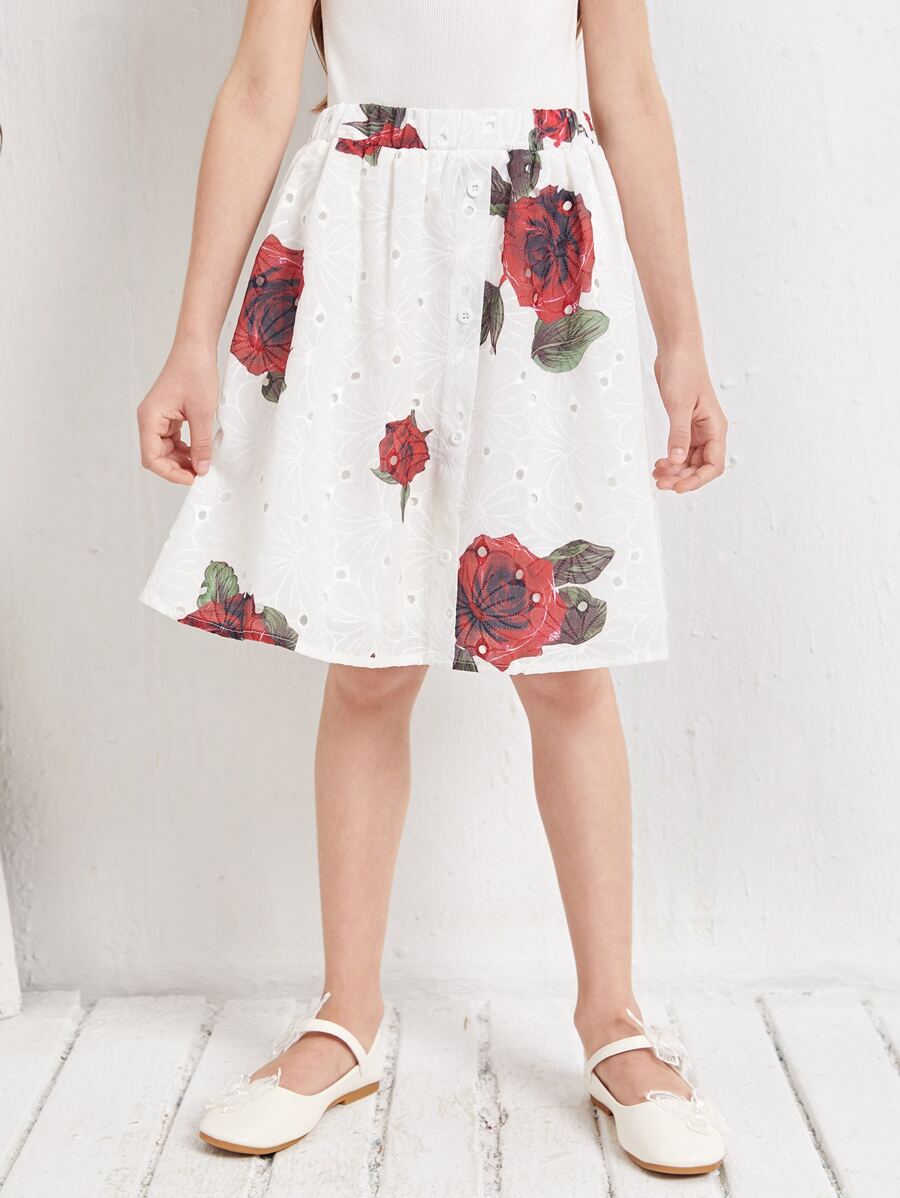 SHEIN Girls Floral Print Schiffy Skirt - White - View 1