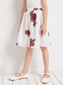 SHEIN Girls Floral Print Schiffy Skirt - White - View 4