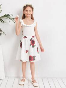 SHEIN Girls Floral Print Schiffy Skirt - White - View 5
