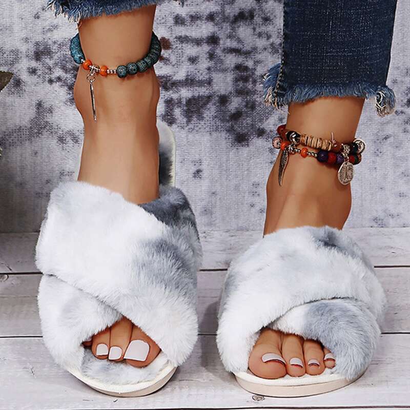 

Open Toe Criss Cross Fluffy Slippers, Grey