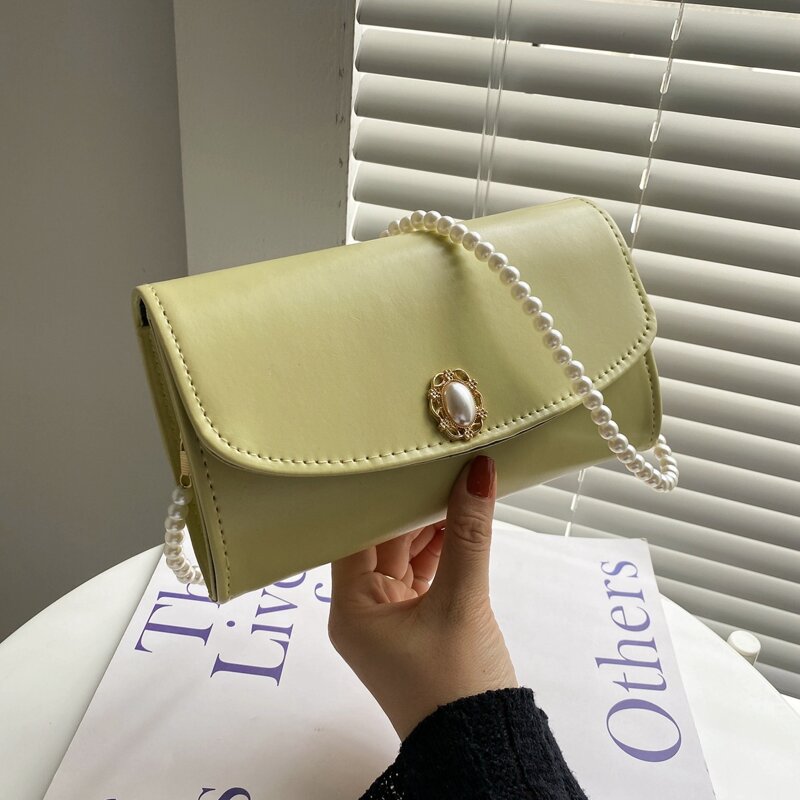 

Faux Pearl Decor Flap Shoulder Bag, Green
