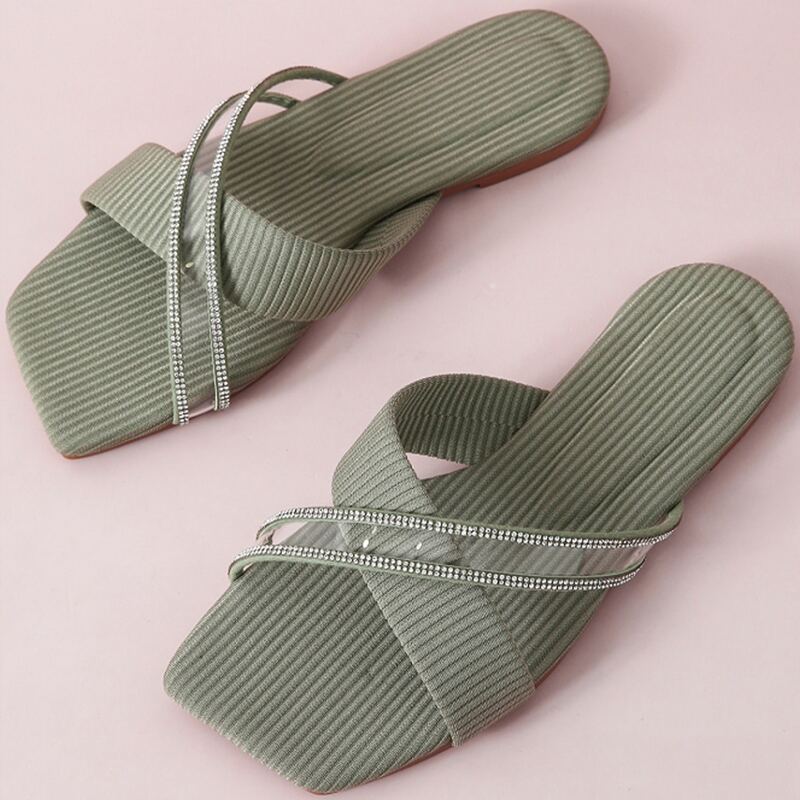 

Rhinestone Decor Cross Strap Slide Sandals, Green