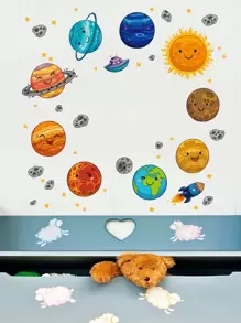 Planet Print Kids Wall Sticker, Cartoon Self Adhesive Wall Art Decal For Home Decor, Stickers, Wall Decal, Vinyl Decal For Home Decorations, Spring Decoration Items Refresh Your Home, Festival Decoration Stickers Gifts Birthday Graduation - Multicolor - View 7