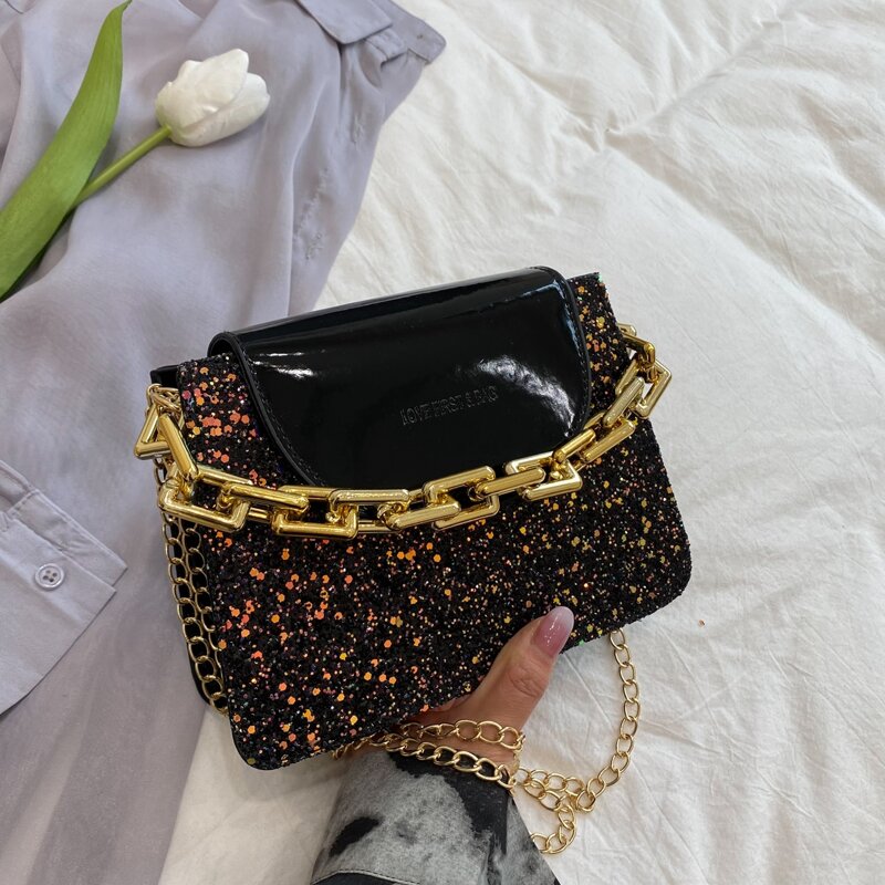 

Glitter Decor Chain Satchel Bag, Black