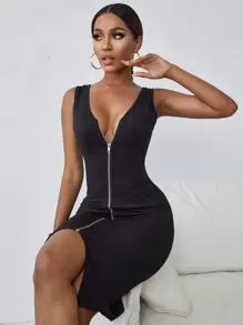 SHEIN VaVaLuxe Solid Zip Up Bodycon Dress - Black - View 3