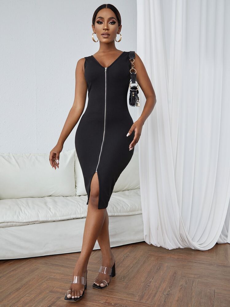 SHEIN VaVaLuxe Solid Zip Up Bodycon Dress - Black - View 5