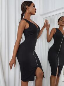SHEIN VaVaLuxe Solid Zip Up Bodycon Dress - Black - View 6