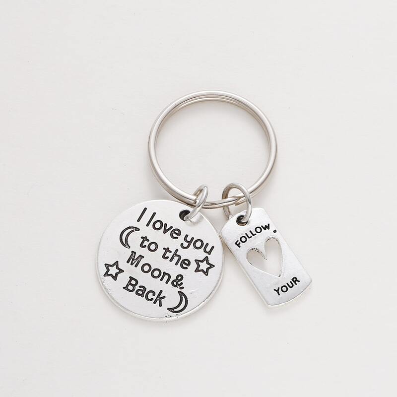 

Slogan Graphic Round Pendant Keychain, Antique silver